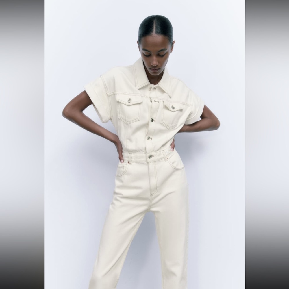 LONG DENIM JUMPSUIT - OYSTER WHITE - Picture 1 of 10